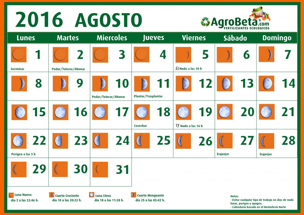 Calendario Lunar agosto 2016